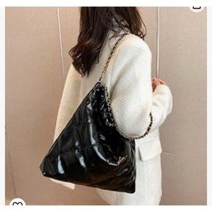 Shiny Faux Leather Quilted Black Bag